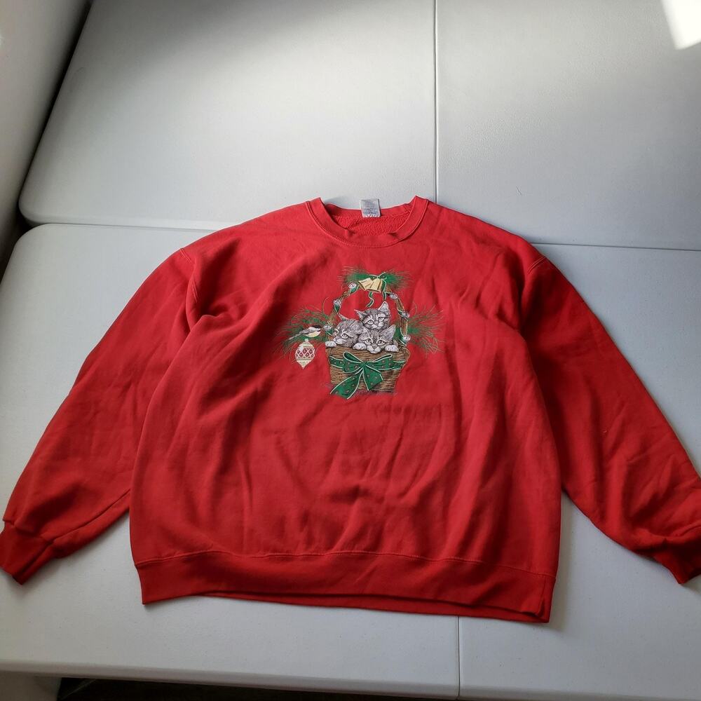 Jerzees Sweatshirt 2XL Red Christmas Cat Basket Graphic Fleece Crewneck